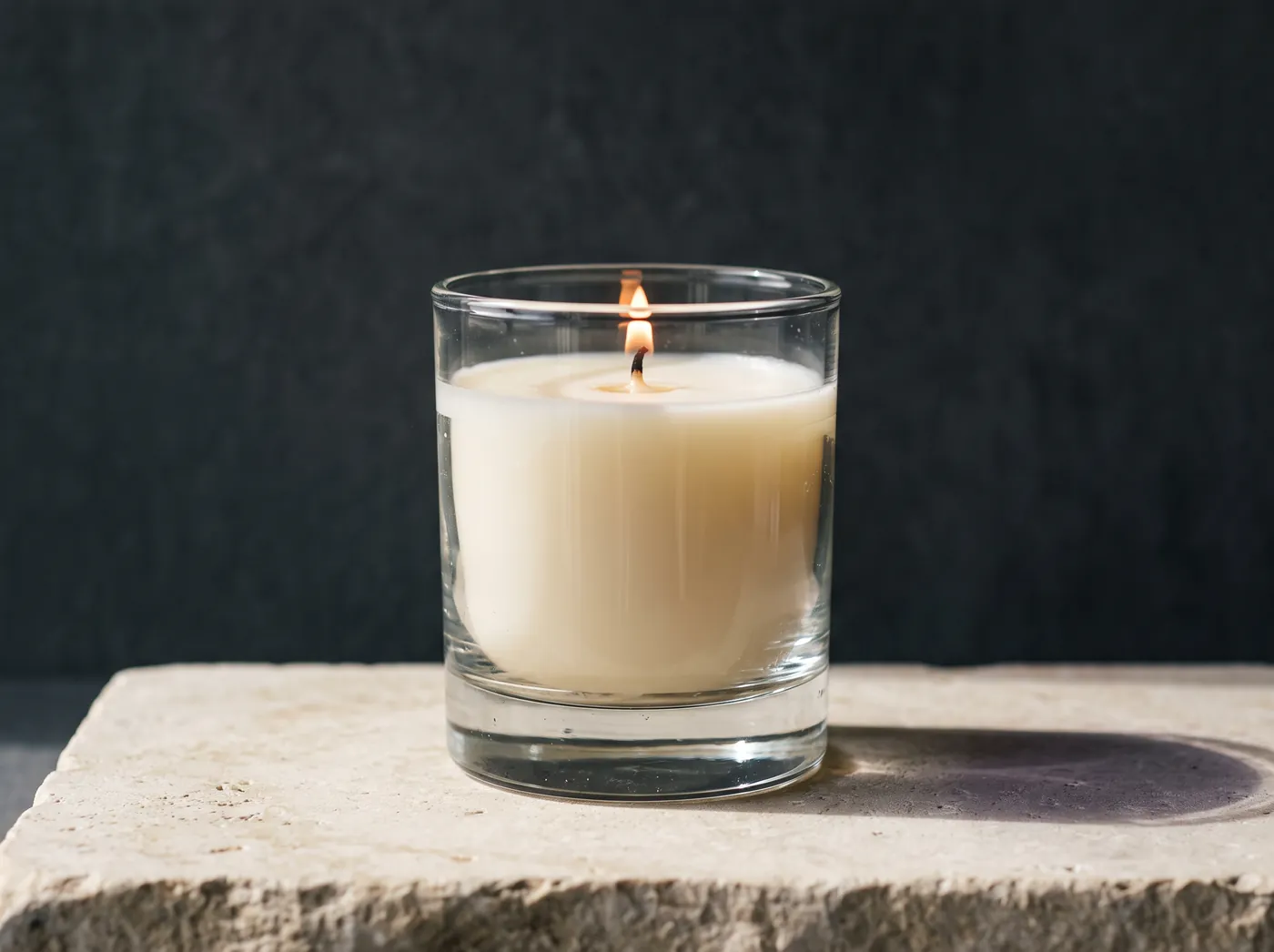 A lit candle in a straight-sided clear glass tumbler with a thick base, casting a faint violet shadow across the limestone. Vessel study, not a product photograph.
