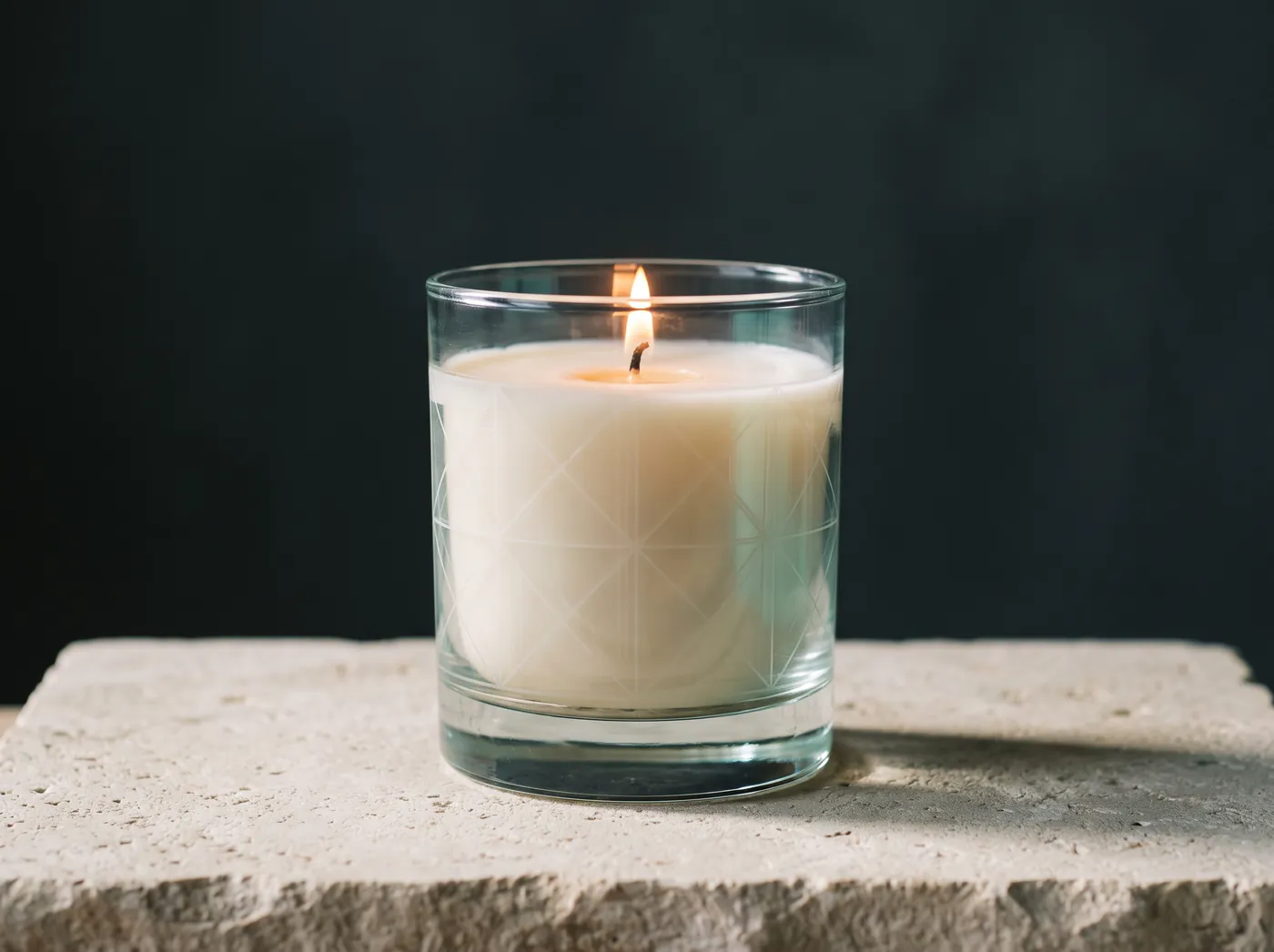 A lit candle in a clear glass jar with a fine repeating geometric pattern etched into the glass. Vessel study, not a product photograph.