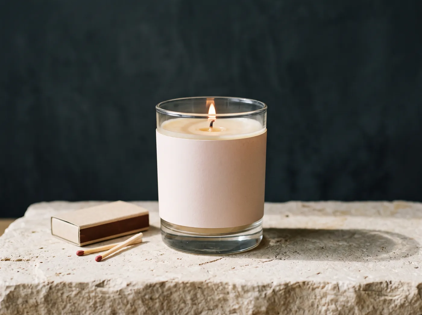 A lit candle in a clear glass tumbler wrapped in a plain pale pink paper sleeve, with a matchbox and two loose matches beside it. Vessel study, not a product photograph.