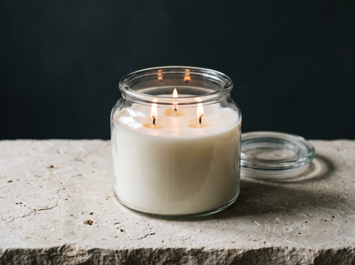 A large clear glass jar candle with three lit wicks across a wide wax surface, its glass screw lid resting on the slab beside it. Vessel study, not a product photograph.