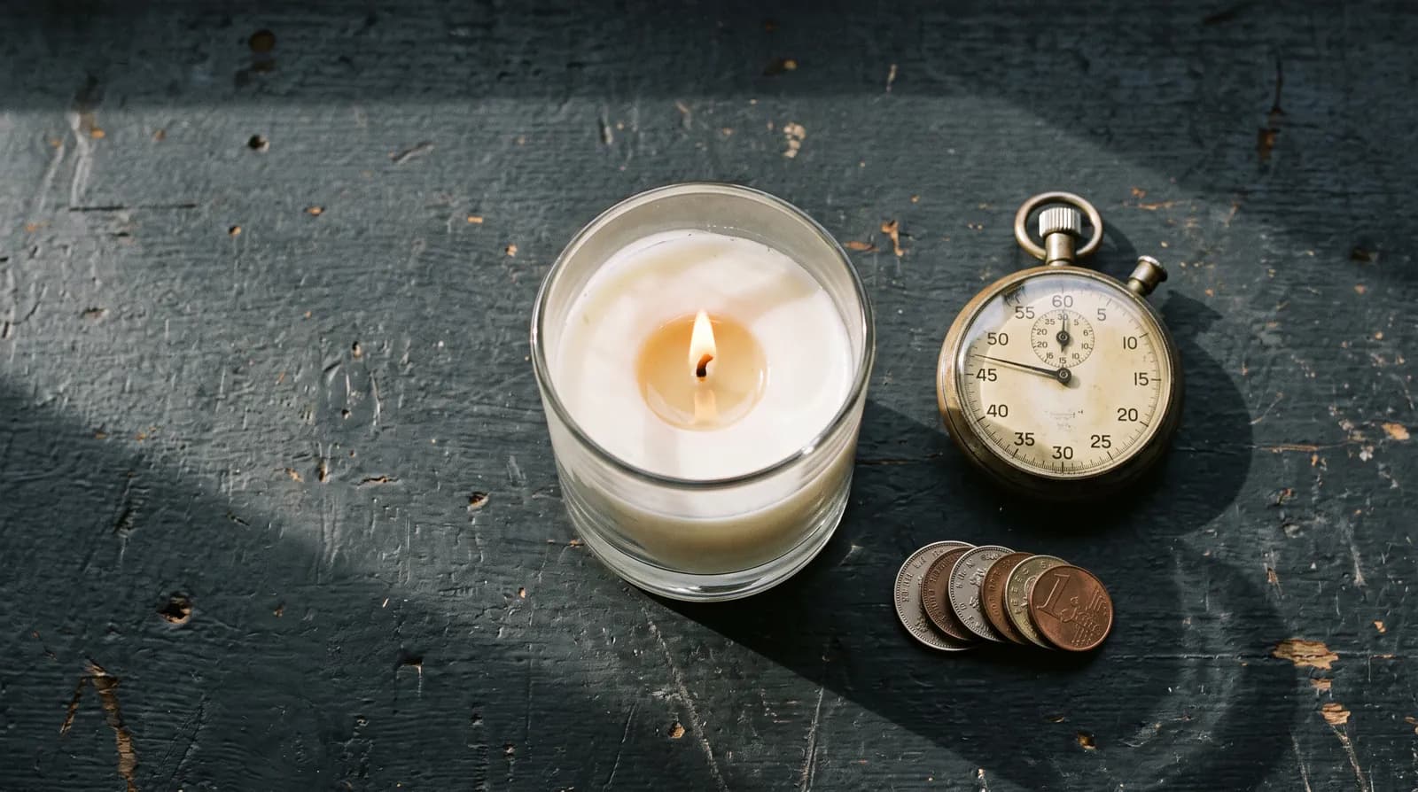 A burning candle beside a mechanical stopwatch and a small stack of coins on a dark workbench