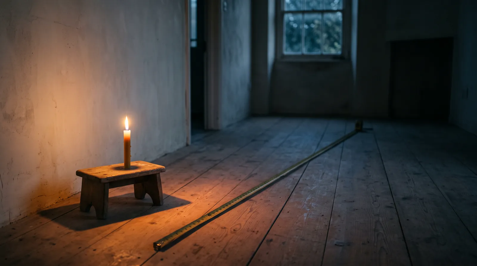 A lit candle on a low stool at one end of an empty room, with a measuring tape unspooled across the floorboards away from it