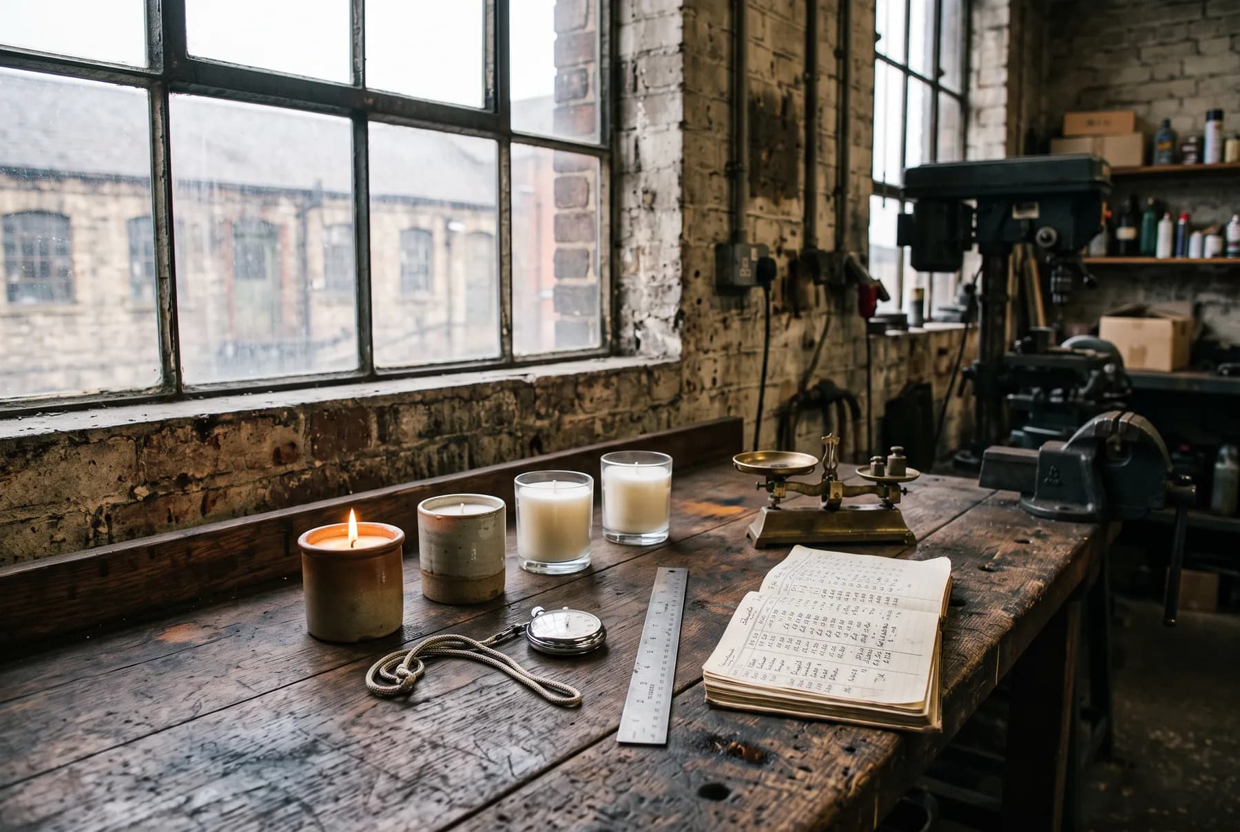 The burn lab bench: four unbranded candles in a row under a steel factory window, one lit, beside a stopwatch, a steel ruler, a brass scale and an open log book